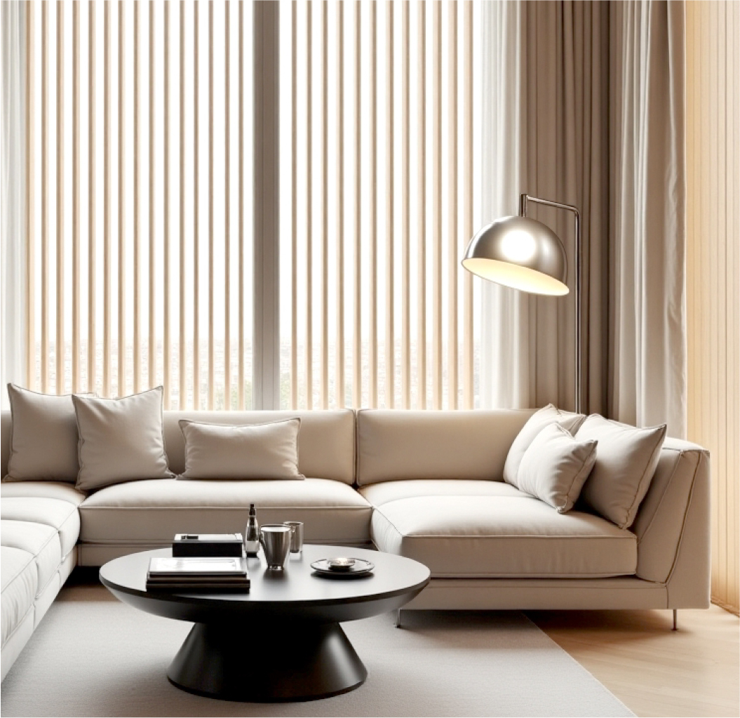 Жалюзи V-FORM с бежевыми тканевыми ламелями в спальне. Естественный свет мягко фильтруется через полотно, создавая уютную атмосферу.