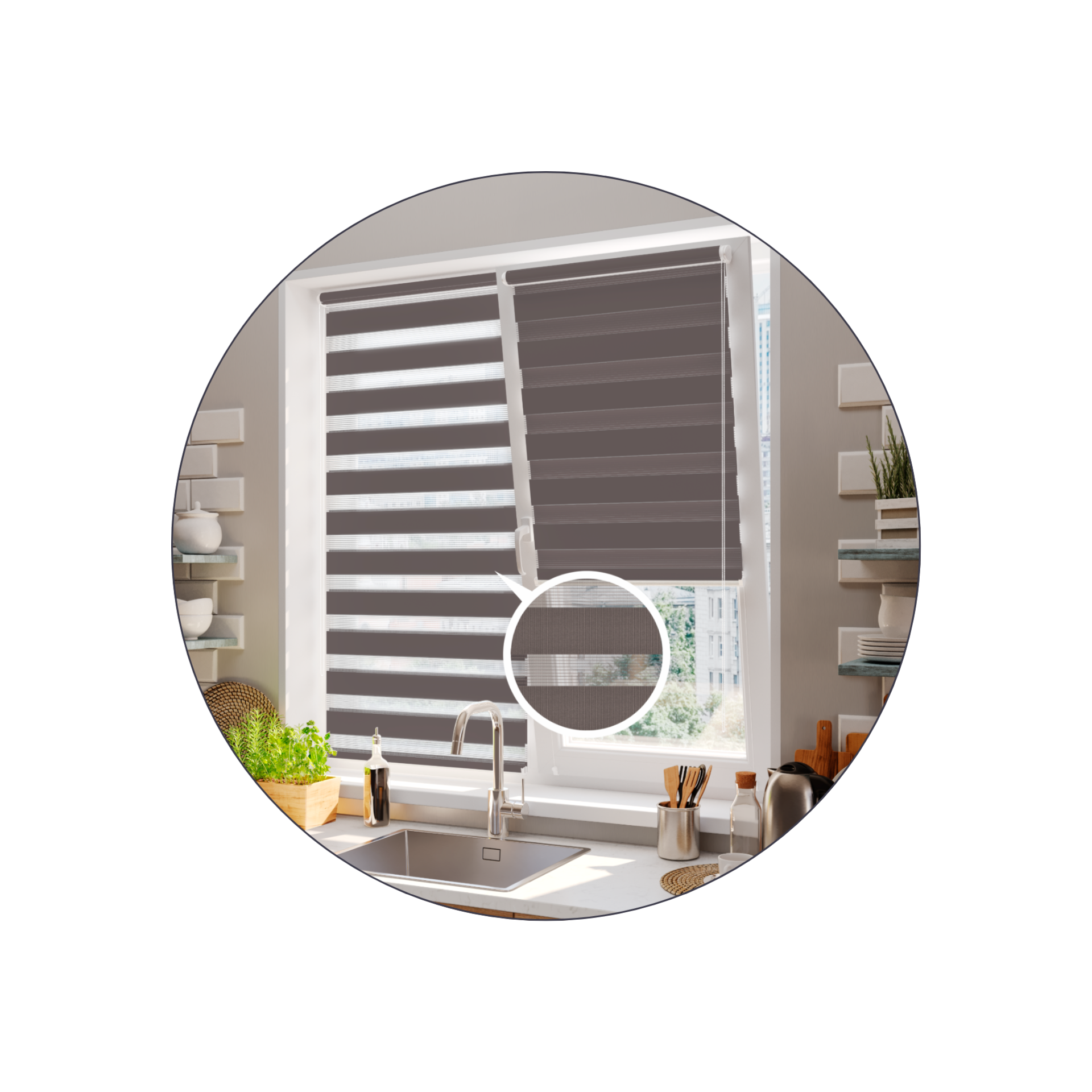 Рулонные шторы DUO (день-ночь) производства тм FOROOM. Изделие органично сочетается с дизайном кухни и защищает помещение от попадания лишнего солнечного цвета.