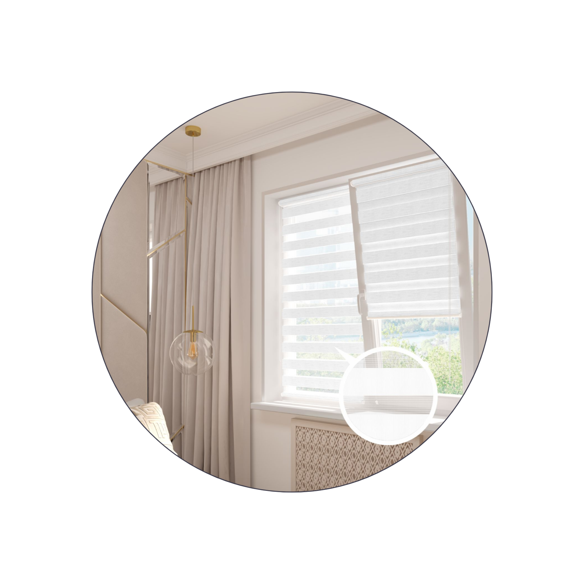 Рулонные шторы день-ночь FOROOM с тканью белого цвета в интерьере спальной комнаты.